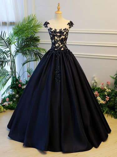 Ball Gown Prom Dresses Scoop Lace-up Dark Navy Floor-length Satin Long Prom Dress JKL679