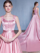 Sexy Prom Dresses A Line Straps Sweep Train Lace-up Pink Prom Dress Long Evening Dress JKL680