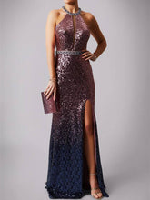 Sexy Prom Dresses Sheath Column Halter Ombre Sequins Floor-length Long Prom Dress JKL687