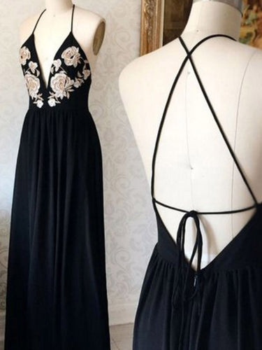 Black Prom Dresses Spaghetti Straps A line Appliques Chiffon Sexy Prom Dress JKL689