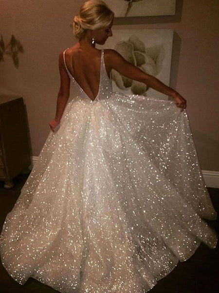 Sexy Prom Dresses V neck Aline Short Train Sparkly Beautiful Backless Ivory Prom Dress JKL691