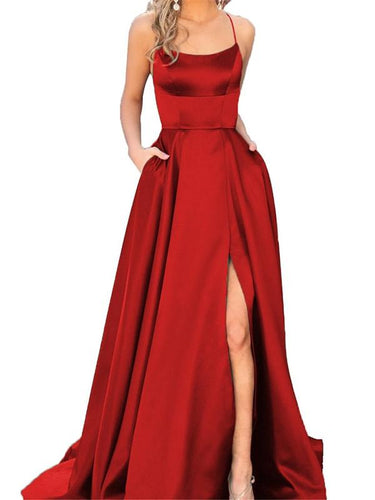 Slit Prom Dresses A Line Sweep Train Sexy Simple Long Burgundy Cheap Prom Dress JKL694|Annapromdress