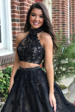 Two Piece Prom Dresses High Neck Ball Gown Sweep Train Long Sexy Black Prom Dress JKL695