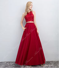 Two Piece Prom Dresses Scoop Lace Long Simple Burgundy Prom Dress Sexy Evening Dress JKL696