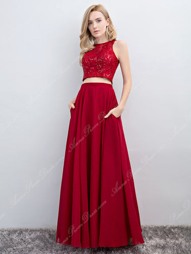 Two Piece Prom Dresses Scoop Lace Long Simple Burgundy Prom Dress Sexy Evening Dress JKL696