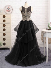 Black Prom Dresses Scoop A line Appliques Floor-length High Low Long Prom Dress JKL697