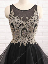 Black Prom Dresses Scoop A line Appliques Floor-length High Low Long Prom Dress JKL697