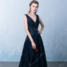 Long Prom Dresses Straps Floor-length Lace Long Dark Navy Prom Dress Sexy Evening Dress JKL698