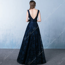 Long Prom Dresses Straps Floor-length Lace Long Dark Navy Prom Dress Sexy Evening Dress JKL698