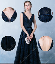 Long Prom Dresses Straps Floor-length Lace Long Dark Navy Prom Dress Sexy Evening Dress JKL698