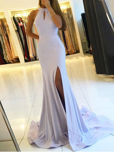 Mermaid Prom Dresses Halter Backless Elastic Woven Satin Sexy Simple Cheap Prom Dress JKL701