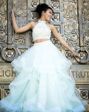 Two Piece Prom Dresses High Neck A Line Rhinestone Sexy Long Tulle Prom Dress JKL704