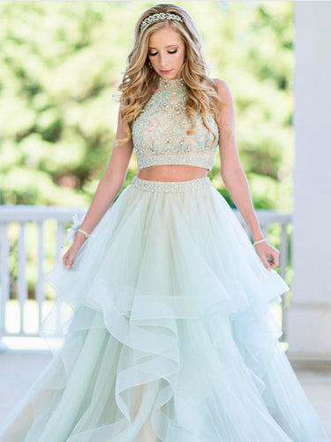 Two Piece Prom Dresses High Neck A Line Rhinestone Sexy Long Tulle Prom Dress JKL704