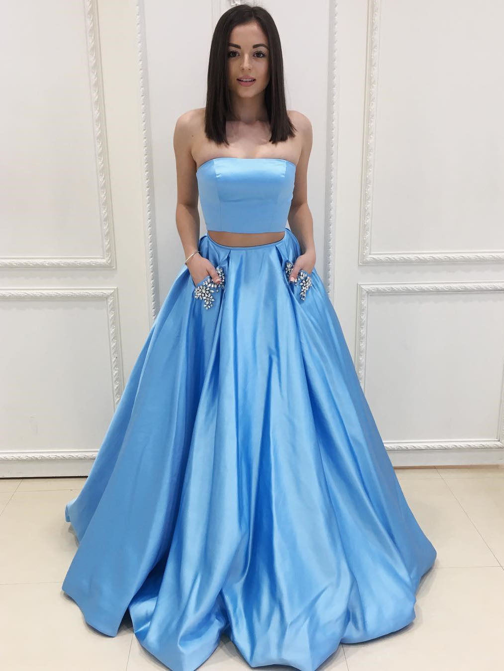 Floor Length A-line Two-piece Halter Prom Dresses with Crystals