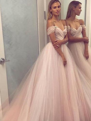 Long Prom Dresses Ball Gown Off-the-shoulder Ruffles Rhinestone Sexy Tulle Prom Dress JKL712