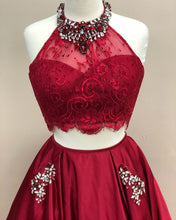 Two Piece Prom Dresses A-line High Neck Floor Length Long Burgundy Lace Prom Dress JKL713