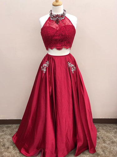 Two Piece Prom Dresses A-line High Neck Floor Length Long Burgundy Lace Prom Dress JKL713
