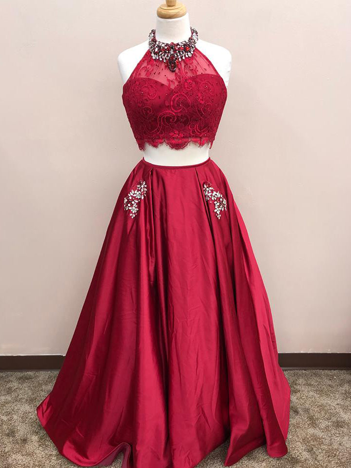 Two Piece Prom Dresses A-line High Neck Floor Length Long Burgundy Lac Anna PromDress Two Piece Prom Dresses A-line High Neck Floor Length Long Burgundy Lac Anna PromDress