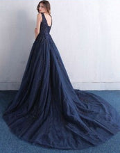 Ball Gown Prom Dresses Straps Sweep Train Dark Navy Appliques Tulle Long Prom Dress JKL715