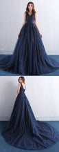 Ball Gown Prom Dresses Straps Sweep Train Dark Navy Appliques Tulle Long Prom Dress JKL715