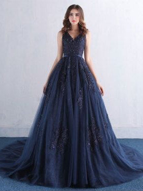 Ball Gown Prom Dresses Straps Sweep Train Dark Navy Appliques Tulle Long Prom Dress JKL715