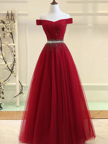 Cheap Prom Dresses Off-the-shoulder Aline Floor-length Long Prom Dress Burgundy Evening Dress JKL716