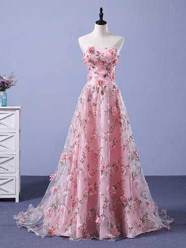 Pink Prom Dresses A-line Sweetheart Sweep Train Floral Print Long Lace Prom Dress JKL717