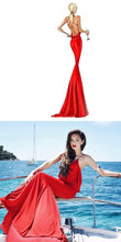 Open Back Prom Dresses Mermaid Spaghetti Straps Long Sexy Elastic Woven Satin Prom Dress JKL723