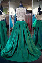Two Piece Prom Dresses Bateau A-line Sweep Train Beading Hunter Green Long Prom Dress JKL725