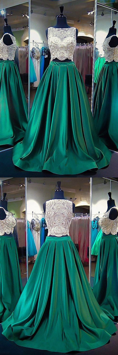 Two Piece Prom Dresses Bateau A-line Sweep Train Beading Hunter Green Anna PromDress Two Piece Prom Dresses Bateau A-line Sweep Train Beading Hunter Green Anna PromDress