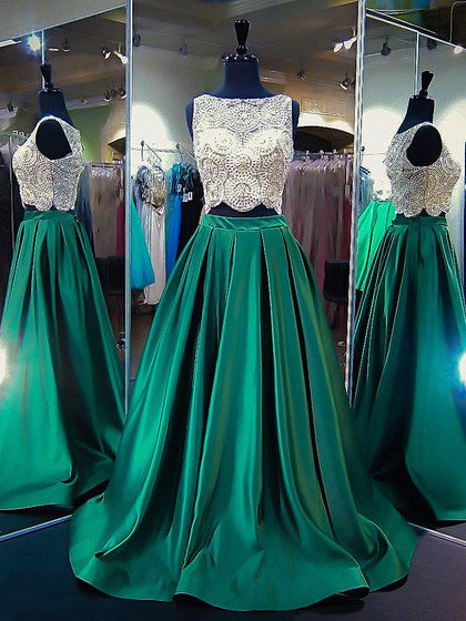 Two Piece Prom Dresses Bateau A-line Sweep Train Beading Hunter Green Anna PromDress Two Piece Prom Dresses Bateau A-line Sweep Train Beading Hunter Green Anna PromDress