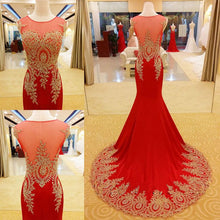 Mermaid Prom Dresses Scoop Sweep Train Long Red Prom Dress Sexy Evening Dress JKL728
