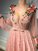 Long Prom Dresses V-neck A line Beading Embroidery Tulle Prom Dress JKL729