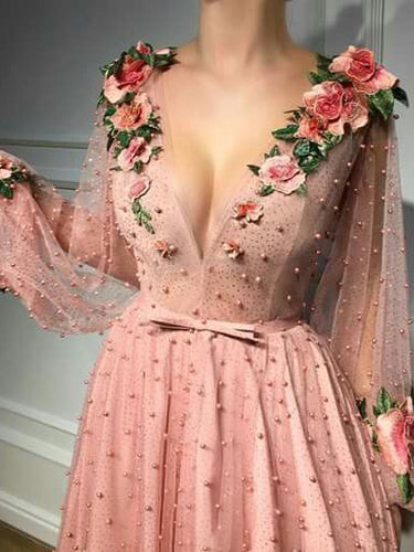 Long Prom Dresses V-neck A line Beading Embroidery Tulle Prom Dress JKL729