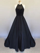 Black Prom Dresses Halter A Line Beading Satin Sexy Long Prom Dress JKL732