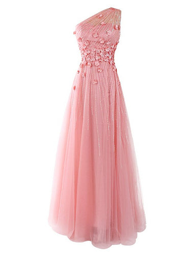 Long Prom Dresses One Shoulder A-line Floor-length Long Pink Prom Dress JKL733