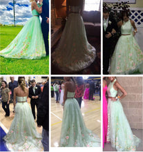 Two Piece Prom Dresses Scoop Aline Short Train Lace Tulle Sage Prom Dress JKL735