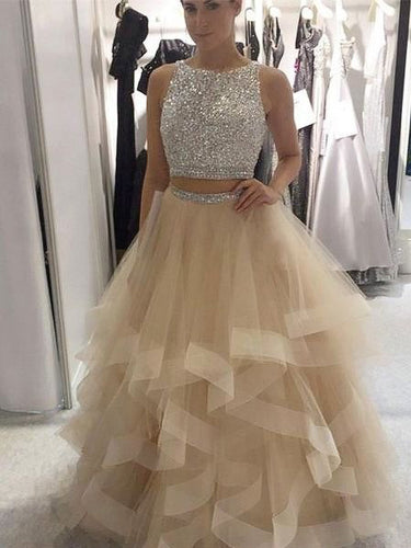Two Piece Prom Dresses Bateau Ball Gown Floor-length Long Sexy Prom Dress JKL740