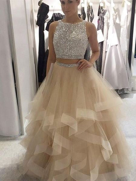 Two Piece Prom Dresses Bateau Ball Gown Floor-length Long Sexy Prom Dr –  Anna PromDress