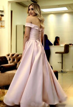 Long Prom Dresses Off-the-shoulder A Line Ruffles Satin Sexy Long Prom Dress JKL741