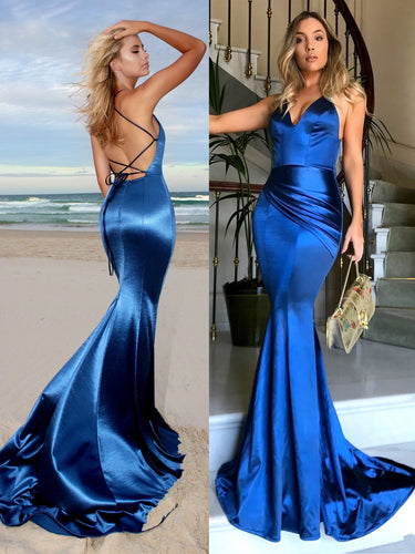 Mermaid Prom Dresses Spaghetti Straps Brush Train Long Royal Blue Sexy Prom Dress JKL742