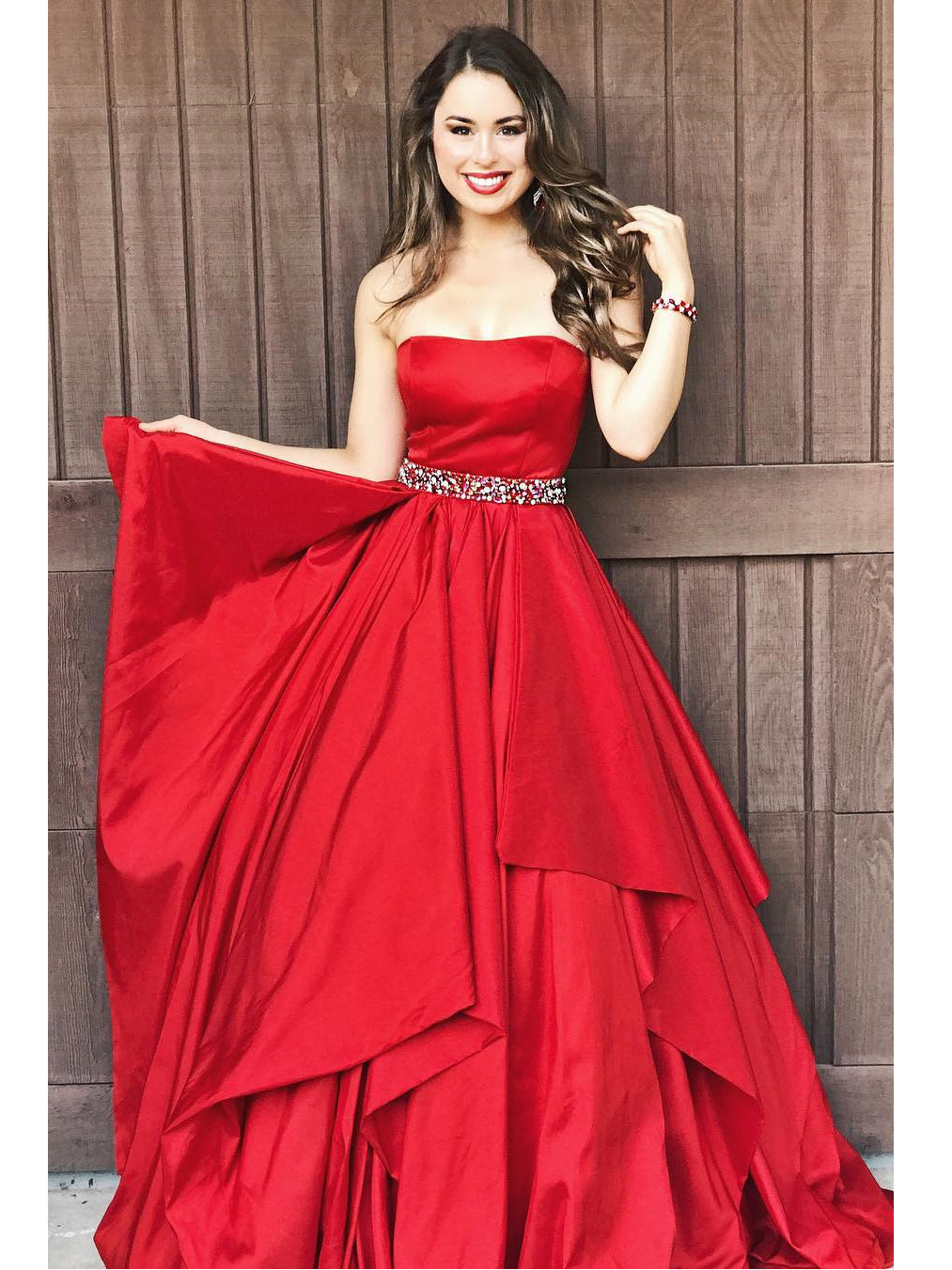 red prom dress with rhinestones Red Prom Dresses Strapless Aline Floor-length Rhinestone Taffeta Prom – Anna PromDress