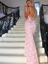 Open Back Prom Dresses Spaghetti Straps Trumpet Mermaid Long Lace Sexy Prom Dress JKL745