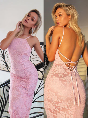 Open Back Prom Dresses Spaghetti Straps Trumpet Mermaid Long Lace Sexy Prom Dress JKL745