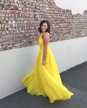Long Prom Dresses Halter Daffodil A-line Prom Dress Sexy Evening Dress JKL746