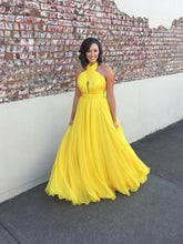 Long Prom Dresses Halter Daffodil A-line Prom Dress Sexy Evening Dress JKL746