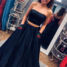 Black Prom Dresses Strapless A Line Embroidery Satin Sexy Long Prom Dress JKL750