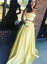 Two Piece Prom Dresses Strapless A Line Embroidery Satin Sexy Long Prom Dress JKL750|Annapromdress