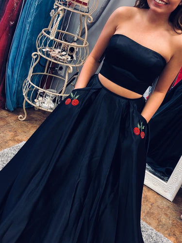 Black Prom Dresses Strapless A Line Embroidery Satin Sexy Long Prom Dress JKL750