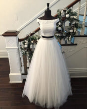 Two Piece Prom Dresses Off-the-shoulder A-line Floor-length Long White Prom Dress JKL751